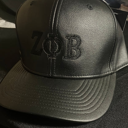 Vegan leather Black Zeta baseball cap flat embroidery with adjustable strap