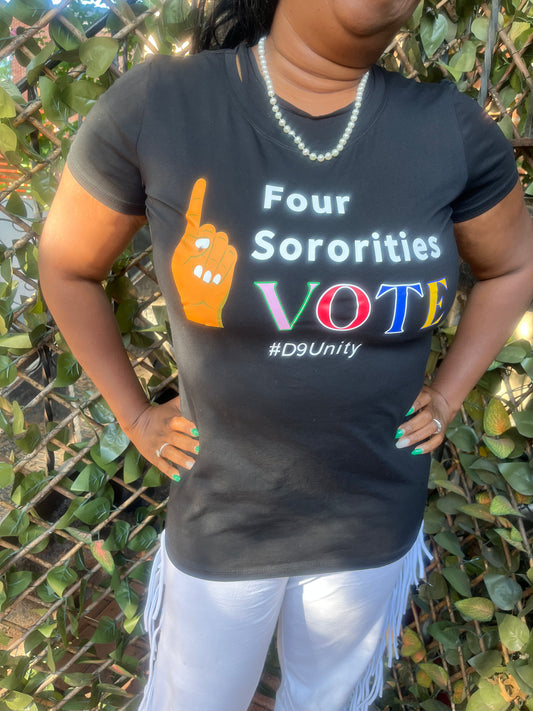 The 4 Sororities 1 VOTE T-Shirt is made from a soft, super-stretchy fabric for the perfect everyday fit. Designed in a lady cut, it offers a flattering feminine shape. Size up for the most comfortable fit and easy movement.