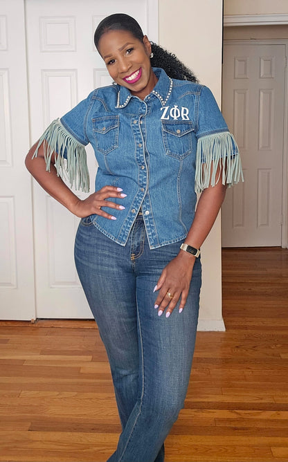 Fringed and Finer Denim Top | Zeta Phi Beta