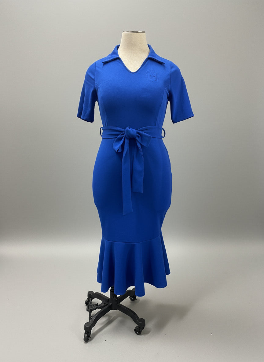 royal blue zeta phi beta inc. dress with a belt on a mannequin 