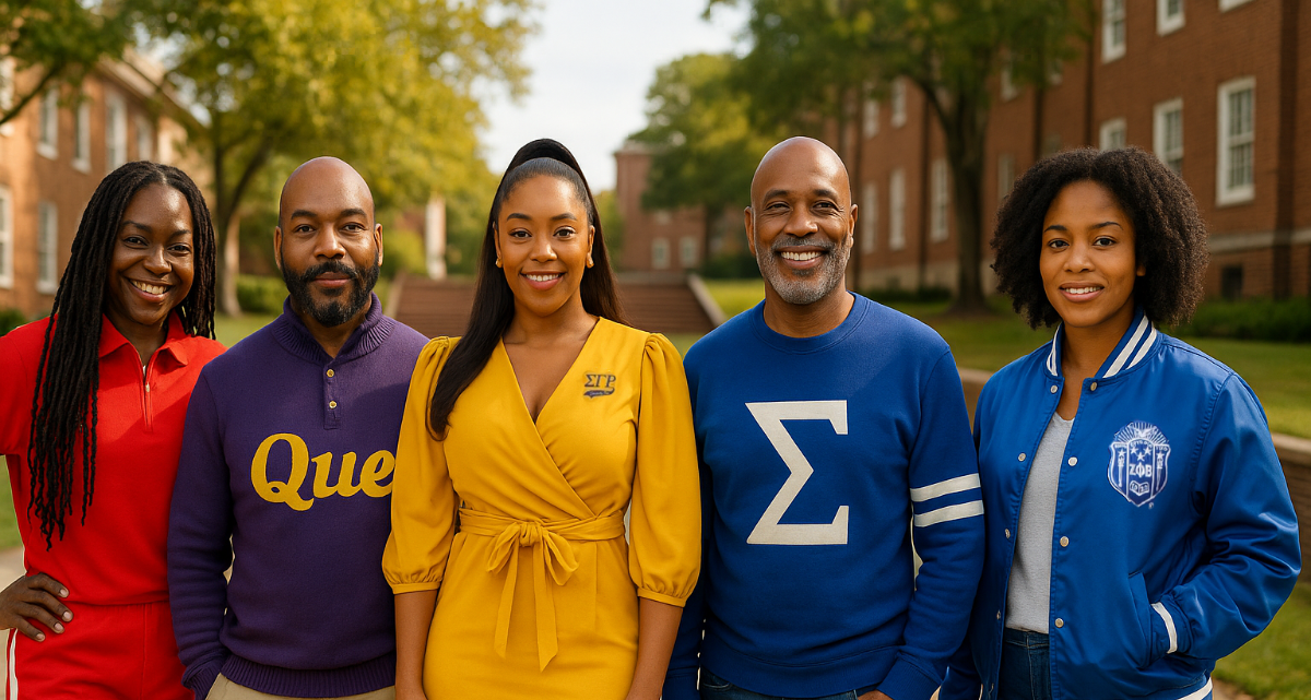 Five people wearing divine 9 greek organizations paraphernalia on a campus background