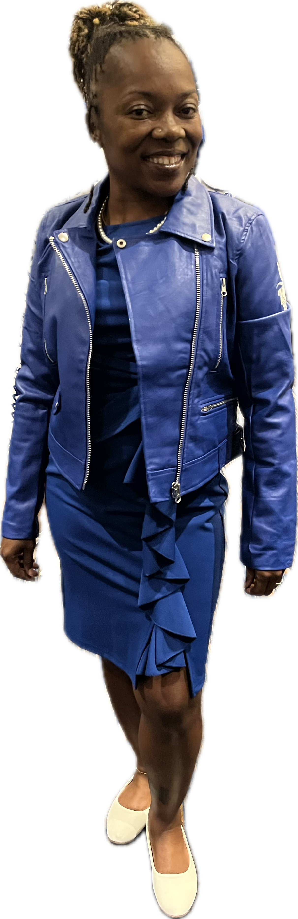 This Blue Faux Leather Biker Jacket brings a bold, sleek look for the women of Zeta Phi Beta. Designed with a fitted silhouette, it runs small, so we size up for you automatically. Please note: all sales are final.