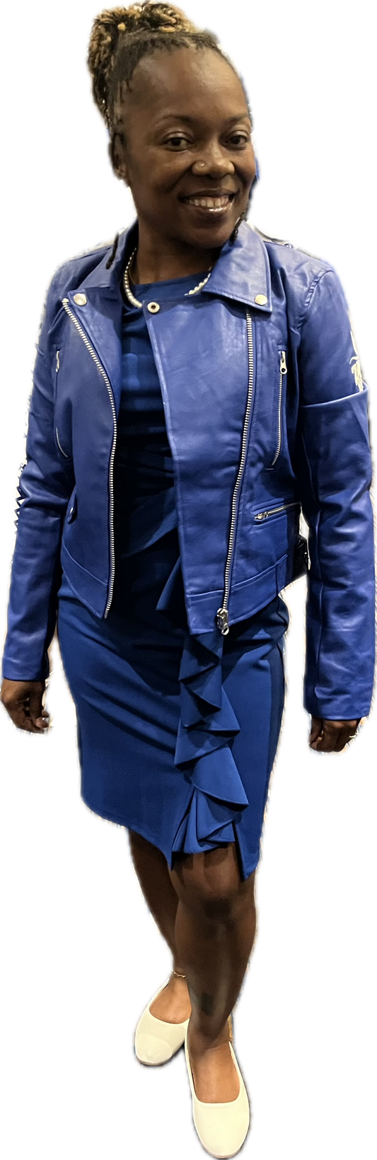 This Blue Faux Leather Biker Jacket brings a bold, sleek look for the women of Zeta Phi Beta. Designed with a fitted silhouette, it runs small, so we size up for you automatically. Please note: all sales are final.