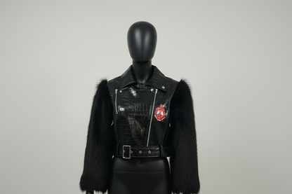 Leather and fur sleeve jacket