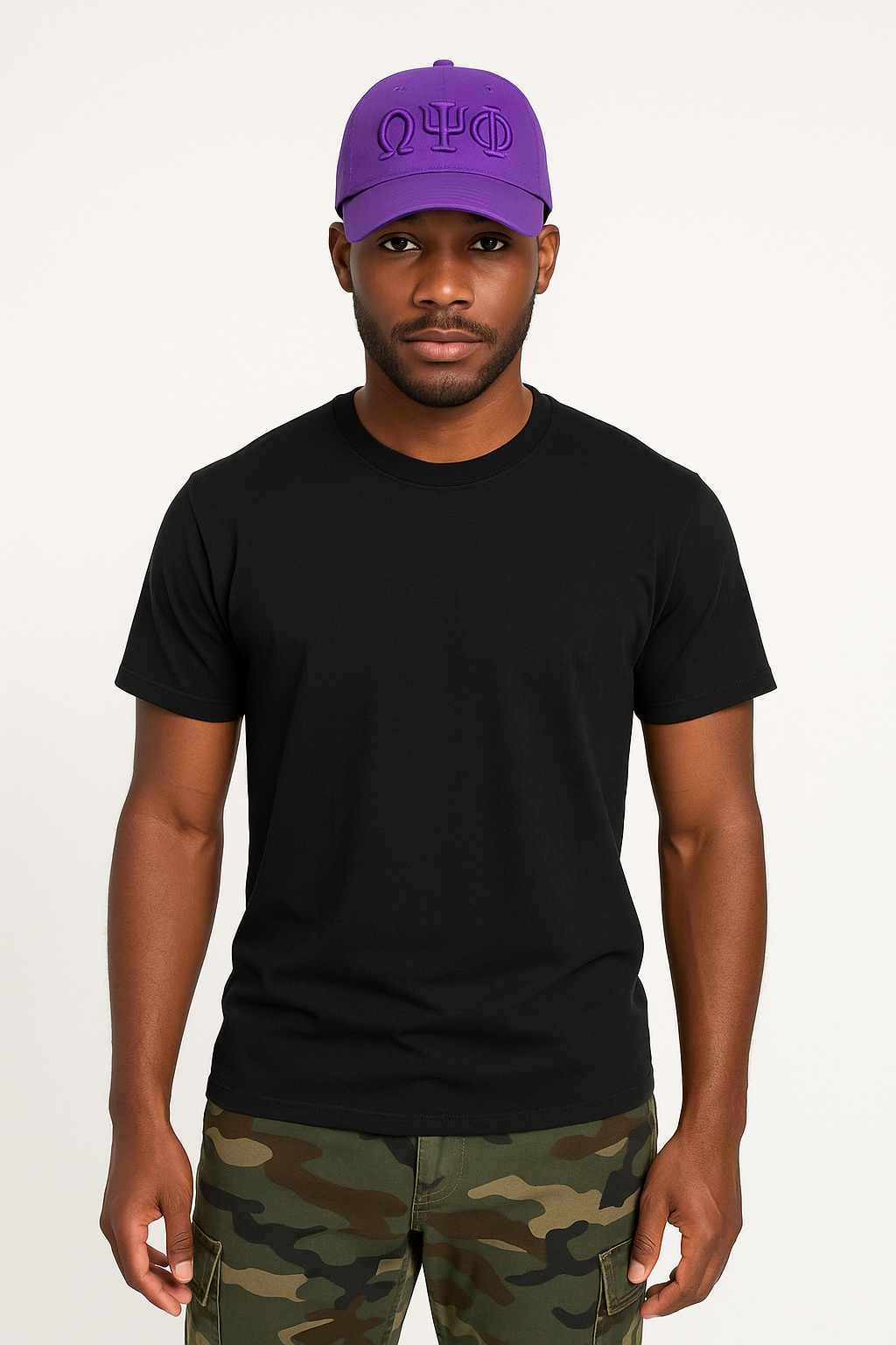 Purple Omega Psi Phi snapback with embroidered letters on man