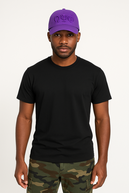 Purple Omega Psi Phi snapback with embroidered letters on man
