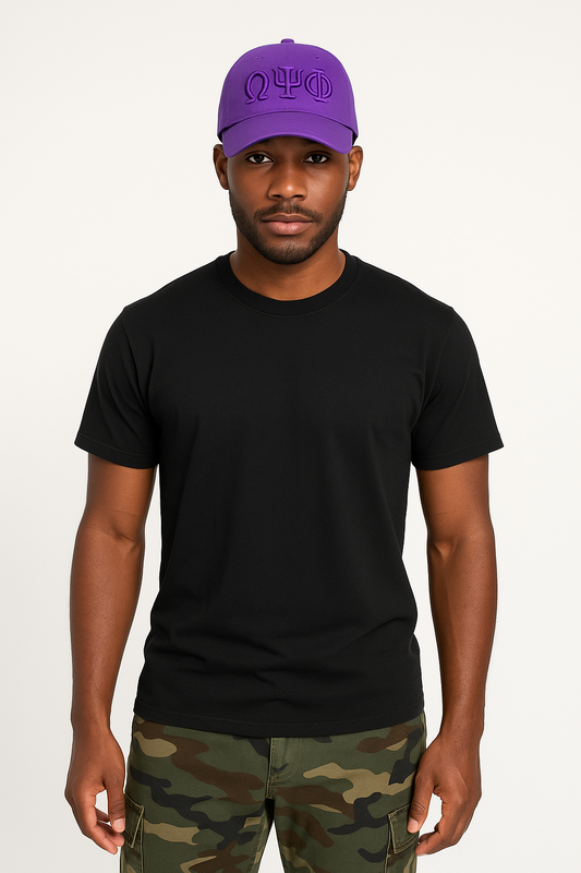 Purple Omega Psi Phi snapback with embroidered letters on man