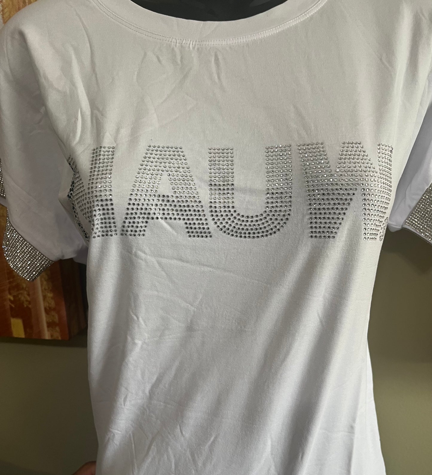 The NAUW Bling Sleeve T-Shirt is a soft white stretch tee designed for comfort and shine. Its blinged-out sleeves add the perfect touch of sparkle for any NAUW event. Cute, easy to style, and flattering for everyday wear.