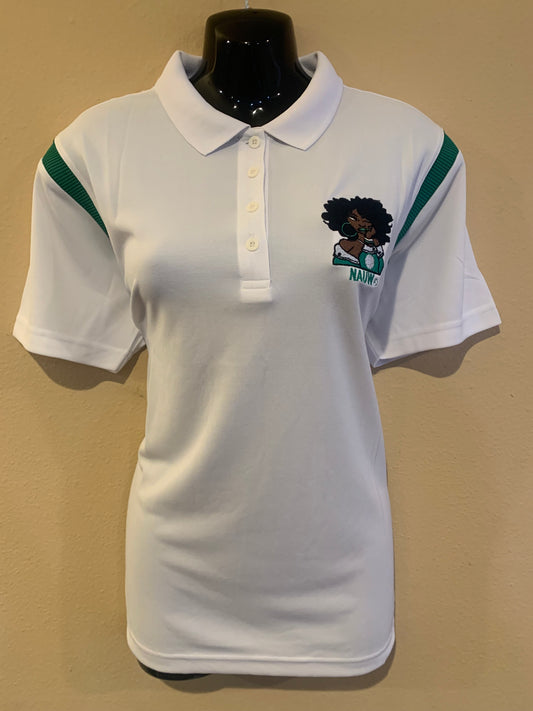 Stay cool and comfortable in the NAUW Golf Tee, a white athletic polo made from breathable Cool Tek fabric. Perfect for active wear, chapter outings, or everyday comfort with a polished look.