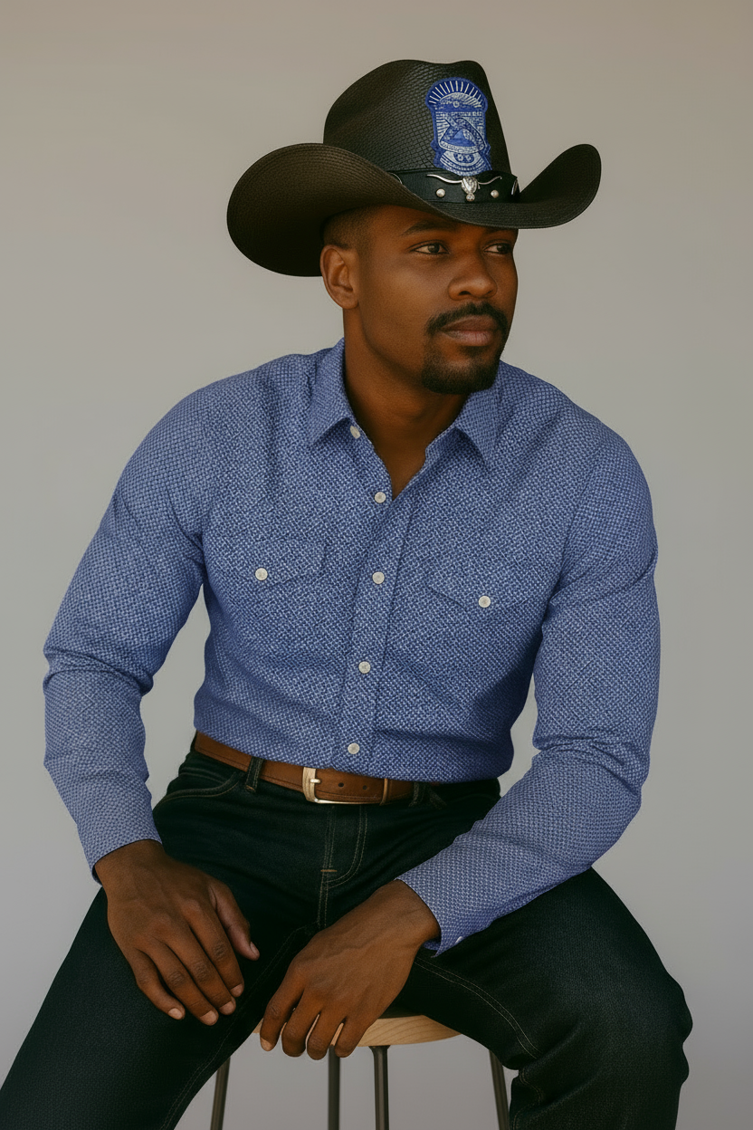Man wearing a blue patterned shirt and phi beta sigma black cowboy hat with a logo indoors.