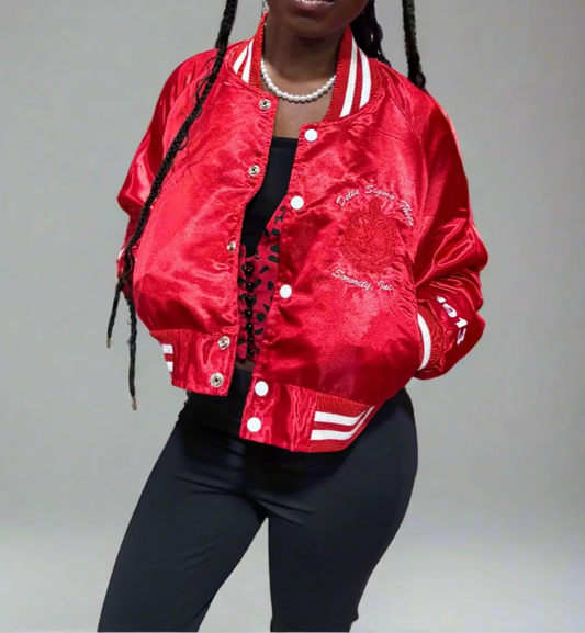 This Crimson Satin Oversized Cropped Jacket delivers a bold DST look with a smooth, luxe finish. Designed with an intentionally oversized fit for a relaxed, stylish silhouette. You may want to size down for a closer fit.