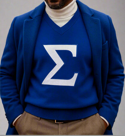The Blue Sigma Sweater Vest is a classic knit vest designed for the Sigma man. Features bold embroidered Sigma lettering on the front and “1914” on the back. Fits true to size for a polished, comfortable look.