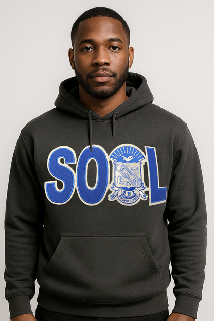 Man wearing a black Phi Beta Sigma 'SOUL' hoodie