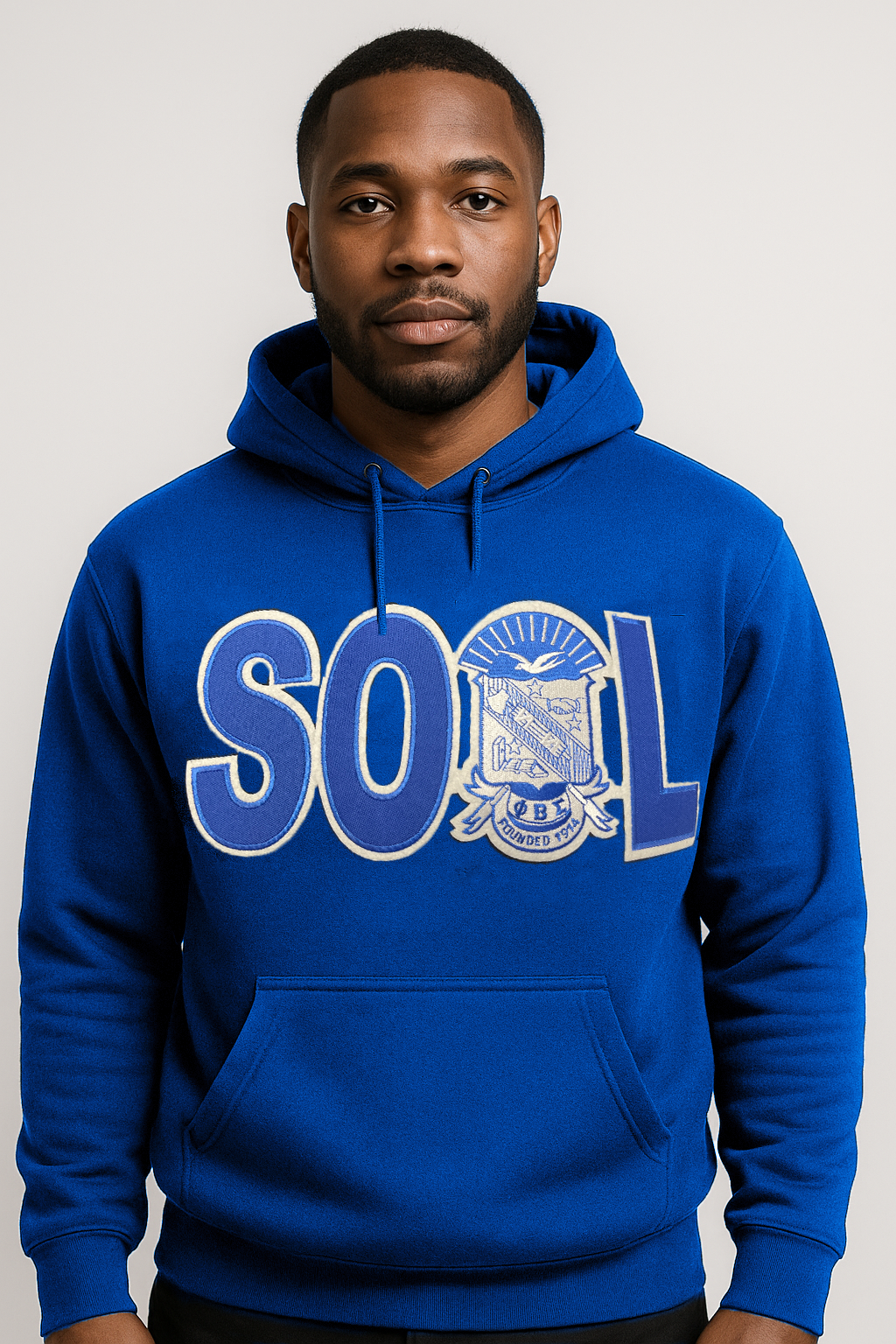 Man wearing a blue Phi Beta Sigma 'SOUL' hoodie