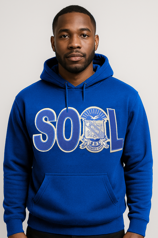 Man wearing a blue Phi Beta Sigma 'SOUL' hoodie
