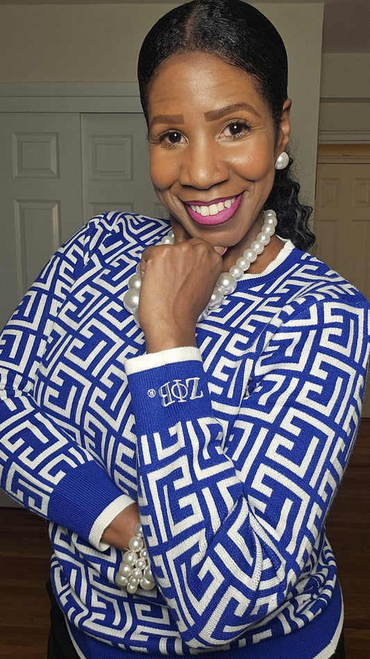 The Keystone Sweater is soft, stretchy, and designed for effortless comfort. Its unique Keystone pattern adds a stylish touch you can dress up or down. Finished with ΖΦΒ detailing on the sleeve, it’s the perfect piece for any Finer woman.