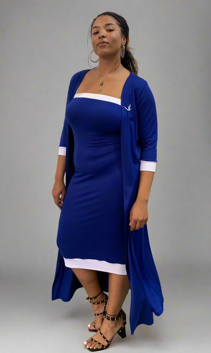 Make a statement in The London Two Piece Set, a royal blue and white halter dress paired with a matching duster for the perfect Zeta Phi Beta look. Both pieces offer comfortable stretch, while the duster provides elegant coverage size up one for the best fit. This stylish, versatile combo is perfect for conferences, chapter events, or elevated everyday wear.&nbsp;All sales final.