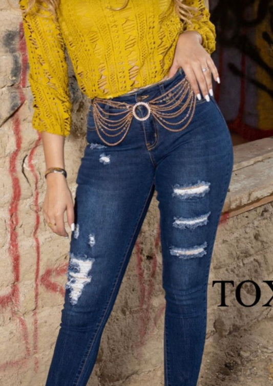 Show off your shape in these dark denim distressed jeans. Designed with sexy stretch fabric that hugs your curves and adds edge to any outfit.