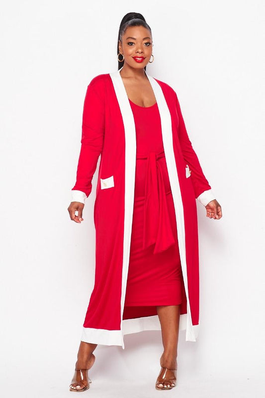 Red and white two-piece Delta Sigma Theta set featuring a sleeveless belted, bodycon dress and matching long duster with an embroidered Delta shield.
