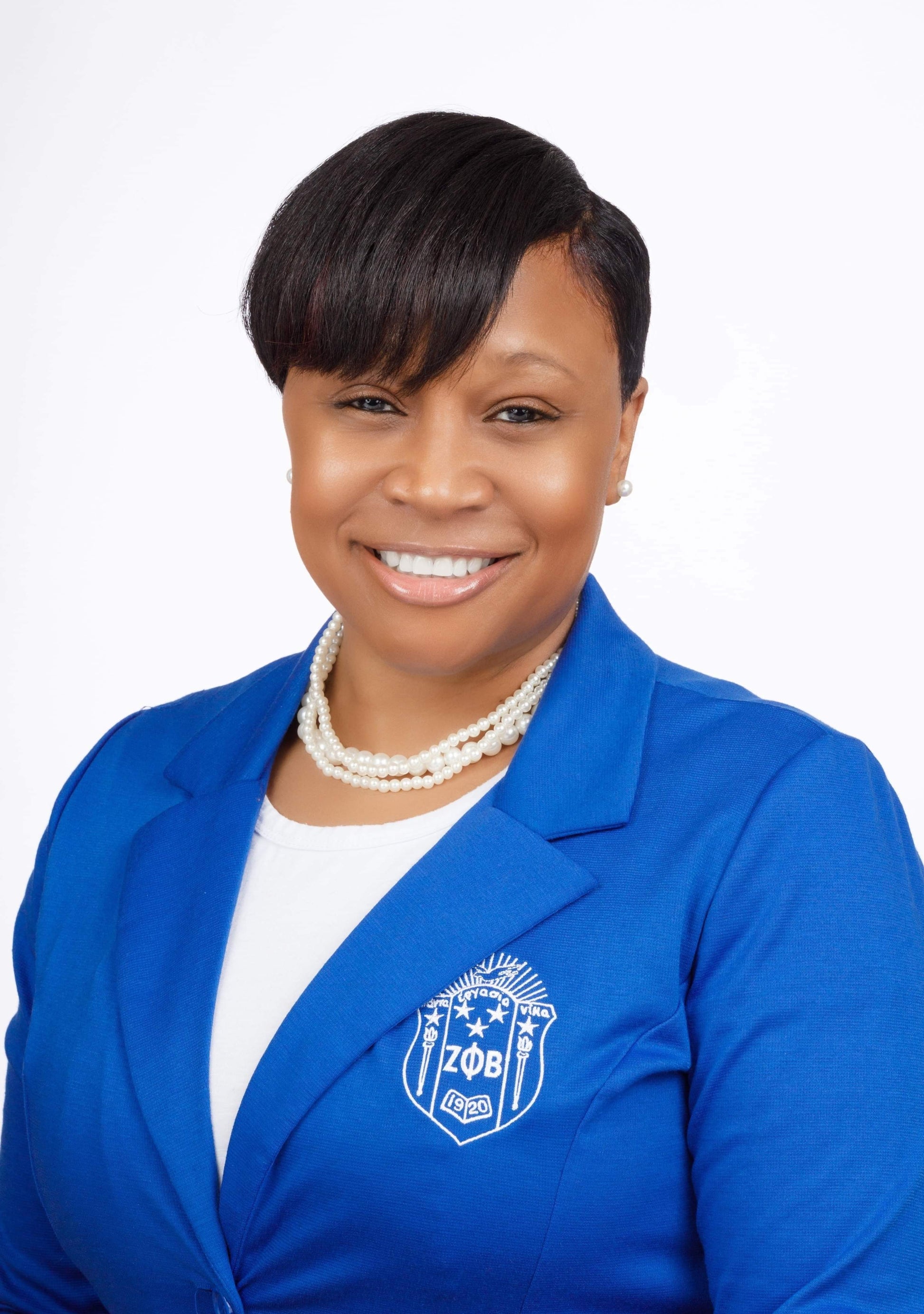 Blazer with Zeta embroidery and 3/4 sleeves, featuring a button closure and stretchy fabric for a flattering fit. Perfect for junior plus sizes up to 14 and ideal for professional, sorority, or casual chic looks.