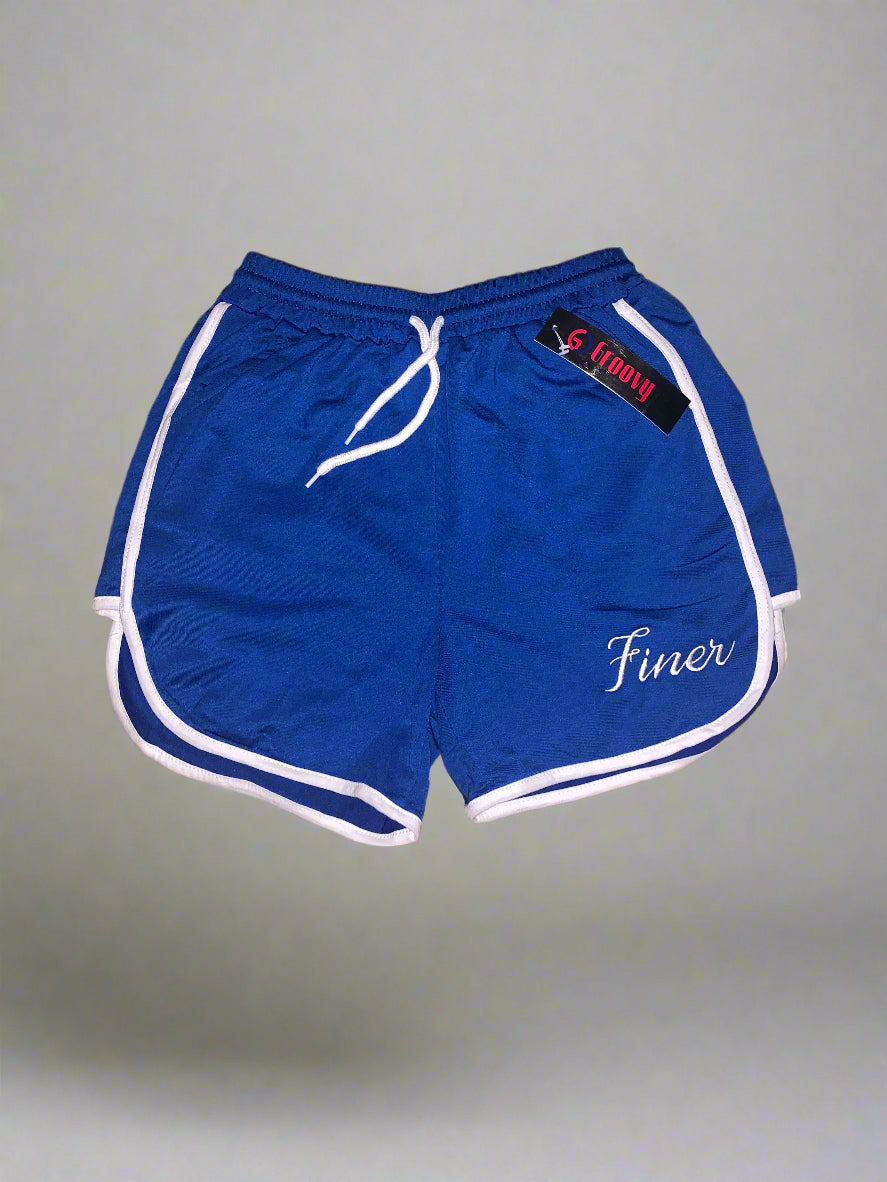 Retro-inspired royal blue shorts with white trim, soft, stretchy, and flattering for finer women. Perfect for everyday casual wear.
