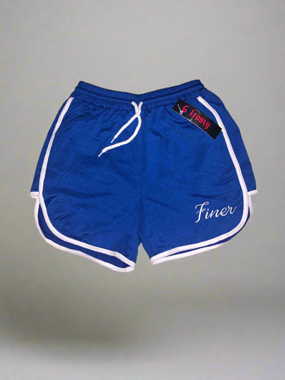 Retro-inspired royal blue shorts with white trim, soft, stretchy, and flattering for finer women. Perfect for everyday casual wear.